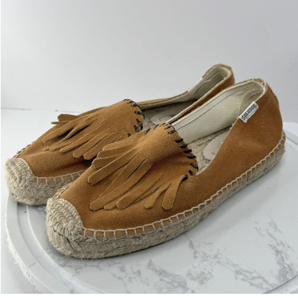 Soludos Women‎ Tan Suede Fringed Espadrille Loafer Flats Shoes Size 5 Vacation - Picture 2 of 7